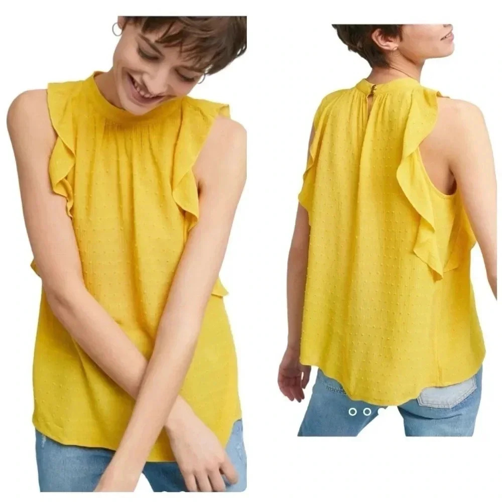 Anthropologie Maeve | Lola Swiss Dot Ruffled Mustard Yellow Blouse Size L